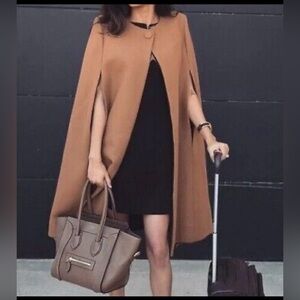 Zara women's long wool camel cape coat poncho jacket brown/tan Medium NWT